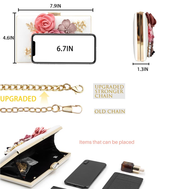 Milisente Evening Bag for Women, Flower Wedding Evening Clutch Purse Bride Floral Clutch Bag(White) - Image 3